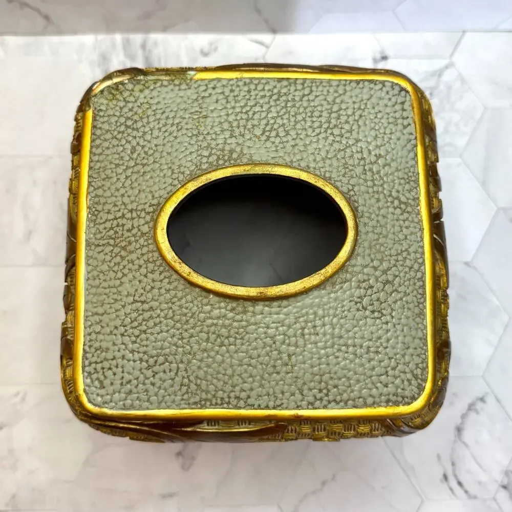 Vtg Tissue Box Cover Ornate Decorative Square Resin Baroque Scrolling Leaf EUC